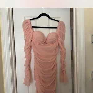 Pink Ruched Bodycon Dress with Puff Sleeves